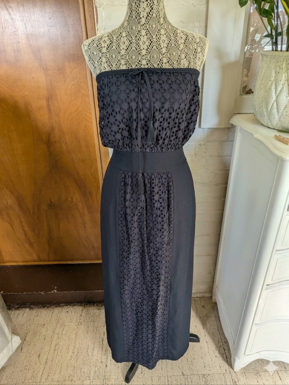 Athleta Navy Blue Strapless Eyelet Maxi Dress